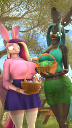 Size: 2160x3840 | Tagged: safe, artist:donglysfm, princess cadance, queen chrysalis, alicorn, changeling, changeling queen, anthro, plantigrade anthro, art pack:eggy easter 2022, g4, 3d, :p, basket, big breasts, breasts, bunny ears, busty princess cadance, busty queen chrysalis, changeling egg, chubby, clothes, concerned, easter, easter basket, easter egg, egg, female, high res, holiday, huge breasts, implied oviposition, outdoors, revamped anthros, skirt, socks, source filmmaker, stockings, thigh highs, tongue out