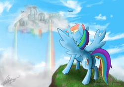 Size: 3508x2480 | Tagged: safe, artist:snailbert-arts, rainbow dash, pegasus, pony, g4, butt, cloudsdale, female, high res, plot, solo, spread wings, wings