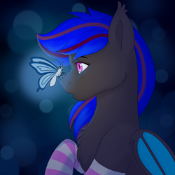 Size: 2000x2000 | Tagged: safe, artist:miru_yosimura, oc, oc only, oc:ebony rose, bat pony, butterfly, butterfly on nose, butterfly wings, clothes, commission, commissioner:wolfgangrd, ear tufts, fangs, female, high res, insect on nose, mare, socks, striped socks, wings