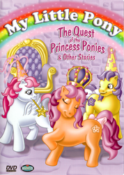 Size: 2500x3510 | Tagged: safe, princess starburst, earth pony, pegasus, pony, g1, official, crown, dvd cover, high res, jewelry, merchandise, my little pony logo, regalia, text, throne, wand, wrong color