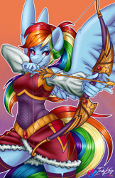 Size: 660x1020 | Tagged: safe, artist:bumblebun, artist:inkkeystudios, part of a set, rainbow dash, pegasus, anthro, g4, alternate hairstyle, archer, archer dash, archery, arrow, bow (weapon), bow and arrow, clothes, fantasy class, female, mare, multicolored hair, ponytail, puffy sleeves, rainbow dash always dresses in style, smiling, solo, watermark, weapon