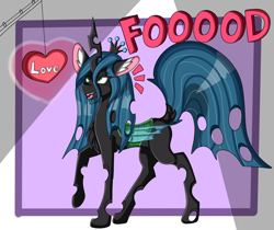 Size: 2000x1679 | Tagged: safe, artist:cuddlelamb, queen chrysalis, changeling, changeling queen, canterlot wedding 10th anniversary, g4, bait, emanata, female, food, heart, love, open mouth, open smile, smiling, solo