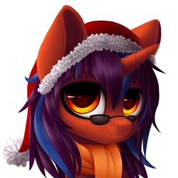 Size: 894x894 | Tagged: safe, artist:blooming-lynx, oc, oc only, pony, unicorn, bust, christmas, clothes, female, hat, holiday, horn, portrait, santa hat, scarf, simple background, solo, sunglasses, transparent background, unicorn oc