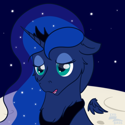 Size: 1000x1000 | Tagged: safe, artist:exobass, princess luna, alicorn, pony, g4, bust, female, floating wings, floppy ears, fluffy, lonely, moon, night, on the moon, solo, stars, wings