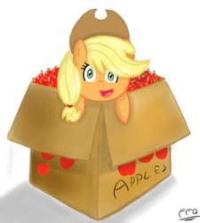 Size: 900x1000 | Tagged: safe, artist:freefraq, applejack, earth pony, pony, g4, apple, box, female, food, open mouth, open smile, pony in a box, simple background, smiling, solo, that pony sure does love apples, transparent background