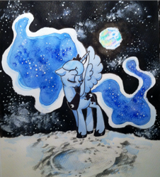 Size: 818x904 | Tagged: safe, artist:kluzart, princess luna, pony, g4, ethereal mane, moon, solo, space, traditional art