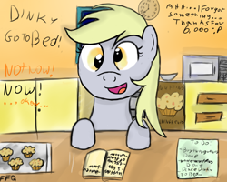 Size: 900x720 | Tagged: safe, artist:freefraq, derpy hooves, pegasus, pony, g4, book, dialogue, female, food, indoors, mare, muffin, offscreen character, open mouth, open smile, paper, signature, smiling, solo