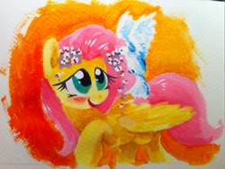 Size: 1183x890 | Tagged: safe, artist:kluzart, fluttershy, bird, dove, pony, g4, solo, traditional art, watercolor painting