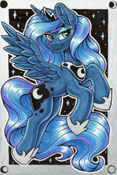 Size: 1793x2692 | Tagged: safe, artist:dandy, princess luna, alicorn, pony, g4, copic, ear fluff, ethereal mane, ethereal tail, eyeshadow, female, flying, hoof shoes, horn, jewelry, looking at you, makeup, peytral, princess shoes, regalia, slender, solo, spread wings, starry mane, starry tail, tail, thin, traditional art, wings