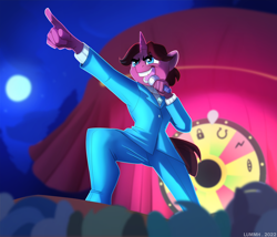 Size: 3642x3117 | Tagged: safe, artist:lummh, oc, oc only, unicorn, anthro, clothes, crowd, game show, high res, horn, male, microphone, night, solo, spinning wheel, stage, suit, unicorn oc