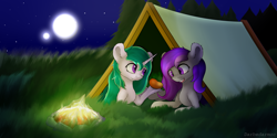 Size: 4096x2048 | Tagged: safe, artist:darbedarmoc, oc, oc only, oc:anny sury, oc:sally star, bat pony, pony, campfire, camping, duo, fangs, fire, food, forest, grass, herbivore, horn, mango, moon, stars, tent, two toned mane