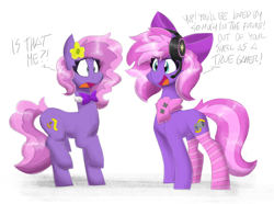 Size: 5500x4100 | Tagged: safe, artist:flutterthrash, oc, oc:lillybit, oc:lily purpleflame, earth pony, pony, adorkable, bowtie, clothes, commission, cute, dork, gamer, gaming headphones, gaming headset, headset, scarf, self paradox, self ponidox, socks, striped socks, thigh highs