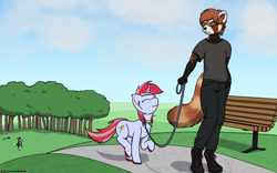 Size: 1920x1200 | Tagged: safe, artist:skydreams, oc, oc only, oc:cade quantum, oc:cinnamon lightning, dog, pony, red panda, unicorn, anthro, :3, bench, border collie, collar, commission, eyes closed, female, frisbee, furry, furry oc, glasses, leash, male, mare, park, park bench, pony pet, tree