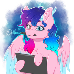 Size: 1280x1280 | Tagged: safe, artist:delfinaluther, oc, changeling, pegasus, pony, changeling oc, horns, multicolored hair, rainbow hair, wings