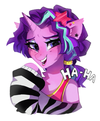 Size: 2400x2900 | Tagged: safe, artist:zlatavector, starlight glimmer, pony, unicorn, collaboration:choose your starlight, g4, 80s, 80s starlight glimmer, bust, high res, laughing, makeup, noblewoman's laugh, outfit, simple background, smiling, solo, white background
