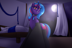 Size: 5315x3513 | Tagged: safe, artist:pearlyiridescence, oc, oc only, pony, unicorn, bed, bedroom, clothes, collar, crown, crystal, female, grin, jewelry, looking at you, looking down, looking down at you, low angle, macro, moon, night, offscreen character, pov, regalia, smiling, socks, solo, submissive pov, thigh highs