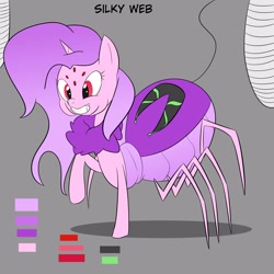 Size: 3000x3000 | Tagged: safe, artist:bestponies, oc, oc only, oc:silky web, monster pony, original species, spider, spiderpony, cocoon, fangs, female, grin, high res, horn, multiple eyes, reference sheet, smiling, spider web