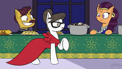 Size: 1280x720 | Tagged: safe, artist:inkshowdude, coriander cumin, raven, saffron masala, pony, unicorn, g4, canterlot, canterlot castle, fanfic art, female, glasses, grand galloping gala, hair bun, male, mare, red dress, stallion