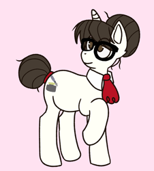 Size: 948x1050 | Tagged: safe, artist:inked-dee, raven, pony, unicorn, g4, ascot, eye clipping through hair, female, full body, glasses, hair bun, hooves, mare, messy mane, no pupils, pink background, raised hoof, simple background, smiling, solo, standing, tail