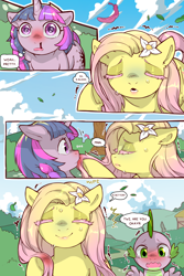 Size: 960x1440 | Tagged: safe, artist:cold-blooded-twilight, fluttershy, spike, twilight sparkle, dragon, pegasus, pony, unicorn, cold blooded twilight, comic:cold storm, g4, bleeding, blood, colored eyelashes, comic, dialogue, eyes closed, feather, female, flower, flower in hair, mare, nosebleed, open mouth, shaking, smiling, speech bubble, sweat, thought bubble, unicorn twilight, wavy mouth, wide hips