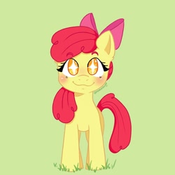 Size: 1080x1080 | Tagged: safe, artist:slobberdawgz, apple bloom, earth pony, pony, g4, :3, adorabloom, blushing, cute, eyebrows, eyebrows visible through hair, female, filly, foal, front view, grass, green background, hooves, looking at you, signature, simple background, smiling, solo, standing, starry eyes, tail, wingding eyes