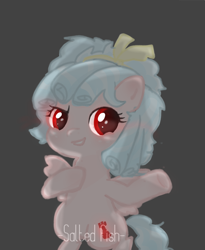 Size: 1080x1319 | Tagged: safe, artist:xichengyazhuiling, cozy glow, pegasus, pony, g4, belly, female, filly, foal, gray background, grin, red eyes, simple background, smiling, solo