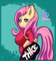 Size: 551x600 | Tagged: safe, artist:madjoker, fluttershy, pegasus, anthro, g4, blushing, breasts, busty fluttershy, clothes, dock, ear fluff, long hair, smiling, socks, solo, tail, thick, thigh highs, wide hips