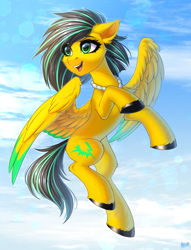 Size: 2900x3800 | Tagged: safe, artist:hakaina, oc, oc only, oc:lightning bug, pegasus, pony, fanfic:song of seven, black mane, clothes, cyan eyes, fluffy, flying, full body, high res, hooves, jewelry, necklace, pegasus oc, raised hoof, sky, sky background, slender, smiling, solo, spread wings, striped mane, thin, wings