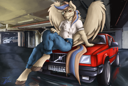 Size: 1750x1184 | Tagged: safe, artist:jamescorck, oc, oc only, oc:bluetec, pegasus, anthro, unguligrade anthro, anthro oc, car, clothes, commission, detailed background, dirty, female, looking at you, open mouth, pants, parking lot, pegasus oc, shirt, sitting, solo, spread wings, tail, volvo, wings