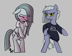 Size: 470x366 | Tagged: artist needed, source needed, safe, limestone pie, marble pie, earth pony, pony, g4, bipedal, blushing, clothes, embarrassed, female, gray, mare, nine inch nails, shirt