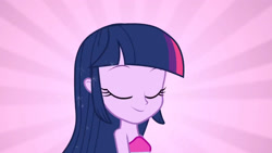 Size: 3410x1920 | Tagged: safe, screencap, twilight sparkle, human, equestria girls, g4, my little pony equestria girls, bare shoulders, eyes closed, fall formal outfits, female, high res, sleeveless, smiling, solo, strapless, twilight ball dress
