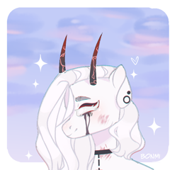 Size: 758x729 | Tagged: safe, artist:fenix-artist, oc, oc only, pony, base used, bust, choker, cyrillic, ear piercing, earring, female, horns, jewelry, makeup, mare, piercing, running makeup, russian, smiling, solo
