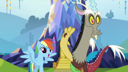 Size: 1280x720 | Tagged: safe, screencap, discord, rainbow dash, draconequus, pegasus, pony, g4, what about discord?, cute, dashabetes, discute, duo, female, male, mare, raised hoof, spread wings, talking, waving, wings