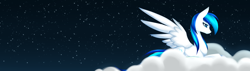 Size: 4200x1189 | Tagged: safe, artist:alphaaquilae, oc, oc only, oc:shooting star, pegasus, pony, blue mane, cloud, digital art, digital painting, feathered wings, female, high res, mare, night, night sky, on a cloud, pegasus oc, profile, sitting, sitting on a cloud, sky, solo, spread wings, stars, white fur, widescreen, wings