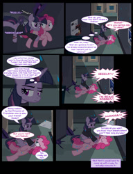 Size: 1042x1358 | Tagged: safe, artist:dendoctor, mean twilight sparkle, pinkie pie, alicorn, earth pony, pony, comic:clone.., g4, alternate universe, clone, clothes, comic, female, glowing, glowing horn, horn, injured, magic, pinkie clone, rain, twilight sparkle (alicorn)