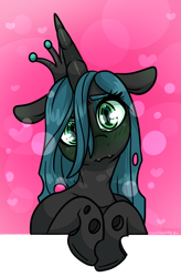 Size: 1248x1899 | Tagged: source needed, safe, artist:sexygoatgod, queen chrysalis, changeling, changeling queen, canterlot wedding 10th anniversary, g4, crown, cute, cutealis, female, floppy ears, jewelry, looking at you, regalia, shy, solo