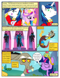 Size: 612x792 | Tagged: safe, edit, edited screencap, screencap, discord, princess cadance, queen chrysalis, shining armor, twilight sparkle, alicorn, changeling, changeling queen, draconequus, dragon, pony, comic:friendship is dragons, a canterlot wedding, g4, keep calm and flutter on, big crown thingy, bust, clothes, comic, element of magic, eyelashes, female, jewelry, laughing, male, mare, mind control, regalia, salute, screencap comic, stallion, unshorn fetlocks, wide eyes