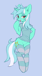 Size: 587x1048 | Tagged: safe, artist:fajeh, lyra heartstrings, unicorn, semi-anthro, bedroom eyes, blue background, cheek fluff, clothes, cute, happy, lyrabetes, shirt, simple background, smiling, socks, solo, stockings, striped socks, thigh highs