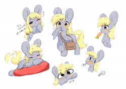 Size: 2048x1448 | Tagged: safe, artist:bubbletea, derpy hooves, pegasus, pony, g4, bag, big ears, blushing, carrot, cute, derpabetes, eyes closed, eyeshadow, female, food, herbivore, impossibly large ears, makeup, mare, nom, open mouth, pillow, pop cat, raised hoof, saddle bag, simple background, solo, tail, tail wag, upsies, white background