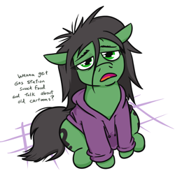 Size: 542x538 | Tagged: safe, artist:jargon scott, oc, oc only, oc:anon-mare, earth pony, pony, clothes, dialogue, floppy ears, frown, hoodie, lidded eyes, looking at you, looking up, looking up at you, open mouth, simple background, solo, talking to viewer, white background
