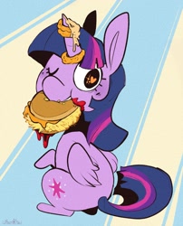 Size: 1669x2068 | Tagged: safe, artist:urbanqhoul, twilight sparkle, alicorn, pony, g4, burger, female, food, hay burger, heart eyes, looking at you, looking back, looking back at you, mare, mouth hold, one eye closed, sitting, solo, that pony sure does love burgers, twilight burgkle, twilight sparkle (alicorn), wingding eyes