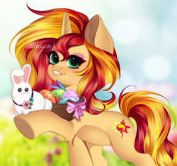 Size: 1800x1691 | Tagged: safe, artist:shimisen, sunset shimmer, pony, rabbit, unicorn, g4, animal, basket, easter, easter basket, easter egg, female, field, flower, holiday, mare, signature, smiling, solo