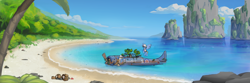 Size: 4770x1590 | Tagged: safe, artist:kirasunnight, oc, oc only, crab, griffon, pegasus, pony, equestria at war mod, beach, island, ocean, palm tree, plane, rock, sbd dauntless, scenery, scenery porn, tree, tropical, water, wreck