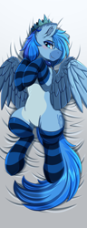 Size: 1503x3910 | Tagged: safe, artist:pridark, oc, oc only, oc:simon pegasus, pegasus, pony, bedroom eyes, blue eyes, body pillow, body pillow design, clothes, commission, ear piercing, featureless crotch, high res, male, pegasus oc, piercing, socks, solo, striped socks