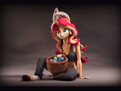 Size: 8000x6000 | Tagged: safe, artist:imafutureguitarhero, sunset shimmer, hybrid, original species, rabbit, rabbit pony, unicorn, anthro, unguligrade anthro, art pack:eggy easter 2022, g4, 3d, 4:3, absurd resolution, animal, arm fluff, arm freckles, basket, black bars, body freckles, bunnified, bunny ears, cargo pants, cheek fluff, chromatic aberration, clothes, cloven hooves, colored eyebrows, colored eyelashes, ear fluff, easter, easter basket, easter egg, egg, female, film grain, floppy ears, fluffy, fluffy mane, freckles, fur, holiday, hoof fluff, horn, leg wraps, letterboxing, long hair, long mane, mare, multicolored hair, multicolored mane, multicolored tail, nose wrinkle, paintover, pants, peppered bacon, revamped anthros, revamped ponies, short shirt, signature, sitting, solo, source filmmaker, species swap, sunset shimmer is not amused, tail, tank top, unamused, unshorn fetlocks, wall of tags, whiskers