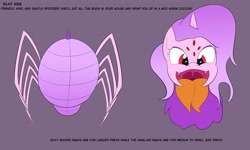 Size: 5000x3000 | Tagged: safe, artist:bestponies, oc, oc only, oc:silky web, monster pony, original species, spider, spiderpony, fangs, female, horn, maw, mawshot, multiple eyes, open mouth, open smile, reference sheet, smiling, solo, text, tongue out