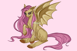 Size: 1500x1000 | Tagged: safe, artist:sluggirl, fluttershy, bat pony, pegasus, pony, bats!, g4, bat ponified, chest fluff, cute, ear fluff, flutterbat, hair physics, hooves, long hair, long mane, long tail, mane physics, race swap, raised hoof, sitting, solo, sparkly eyes, spread wings, tail, tall, wingding eyes, wings