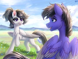 Size: 4096x3117 | Tagged: safe, artist:hakaina, oc, oc only, pegasus, pony, concave belly, duo, fluffy, folded wings, mountain, mountain range, scenery, sky, slender, thin, wings