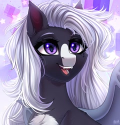 Size: 2500x2600 | Tagged: safe, artist:hakaina, oc, oc only, bat pony, pony, bat pony oc, black coat, blaze (coat marking), bust, chest fluff, coat markings, colored eyebrows, facial markings, fangs, female, high res, mare, open mouth, pale belly, solo, violet eyes, white belly, white mane