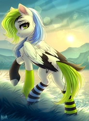 Size: 2500x3400 | Tagged: safe, artist:hakaina, oc, oc only, pegasus, pony, backlighting, butt, chest fluff, clothes, fluffy, high res, plot, raised hoof, raised leg, slender, socks, solo, striped socks, sun, thin